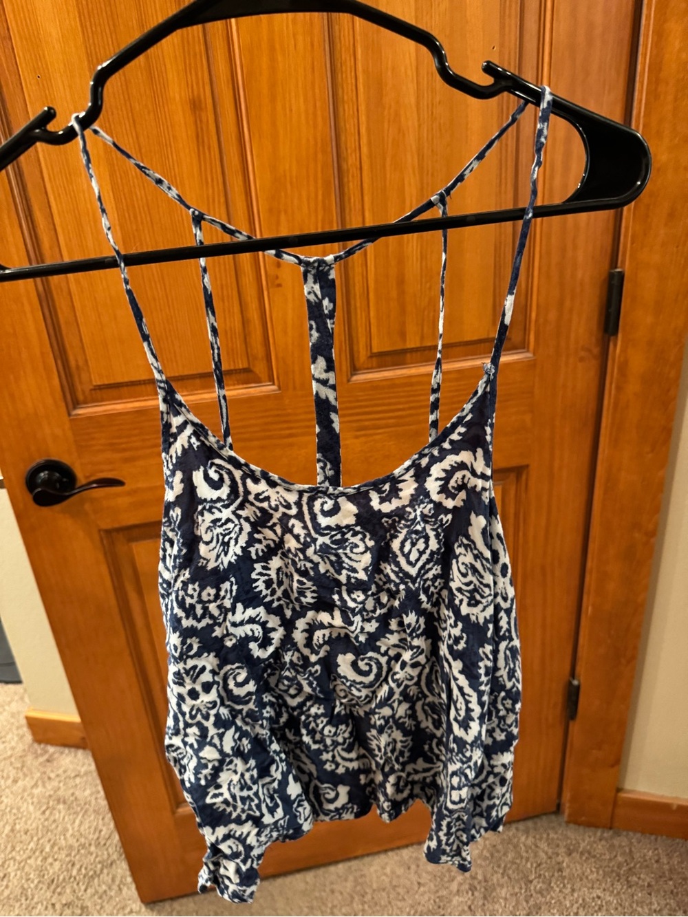 Navy & White Patterned Spaghetti Strap Tank Top